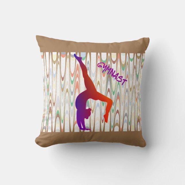 Gymnastics throw pillow with gymnast. (Front)