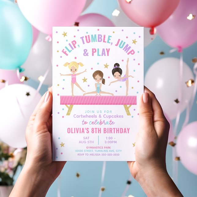 Gymnastics Tumble Pink Birthday Invitation