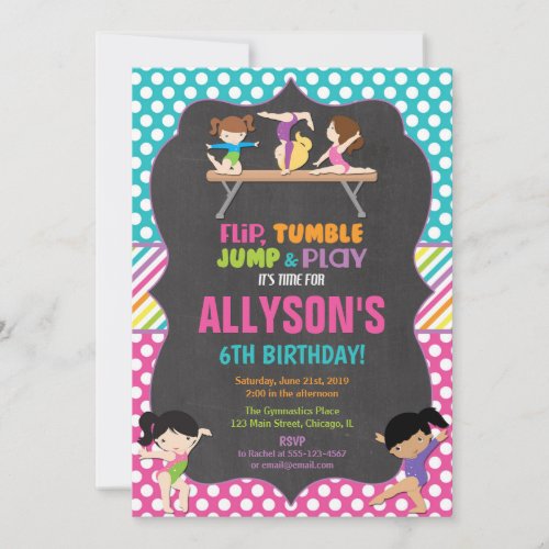 Gymnastics tumbling party birthday party girl invitation