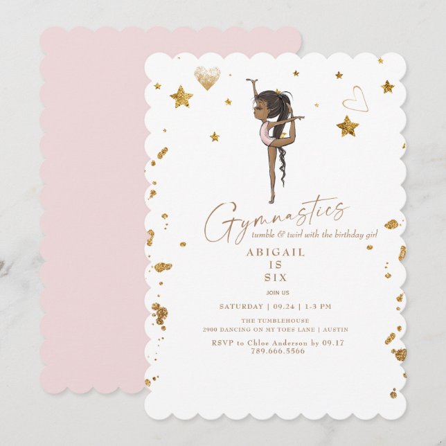  Gymnastics Tumbling Pink Scalloped Birthday Party Invitation (Front/Back)