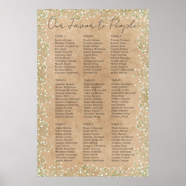     Gypsophila Floral Rustic Wedding Seating Chart (Front)