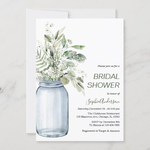 Gypsophila Mason Jar Eucalyptus Bridal Shower Invitation