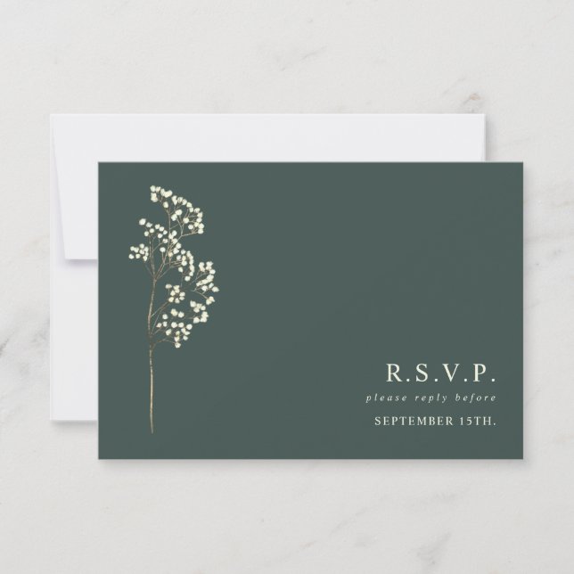 Gypsophila Stem Botanical Emerald Wedding RSVP Card (Front)