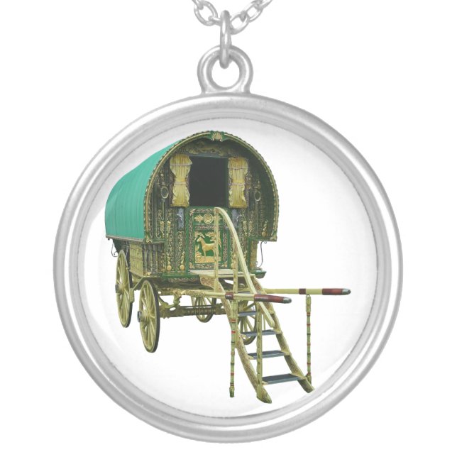 Gypsy bowtop caravan silver plated necklace (Front)