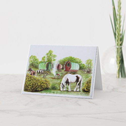 Gypsy camp fire bowtop wagons and horses card