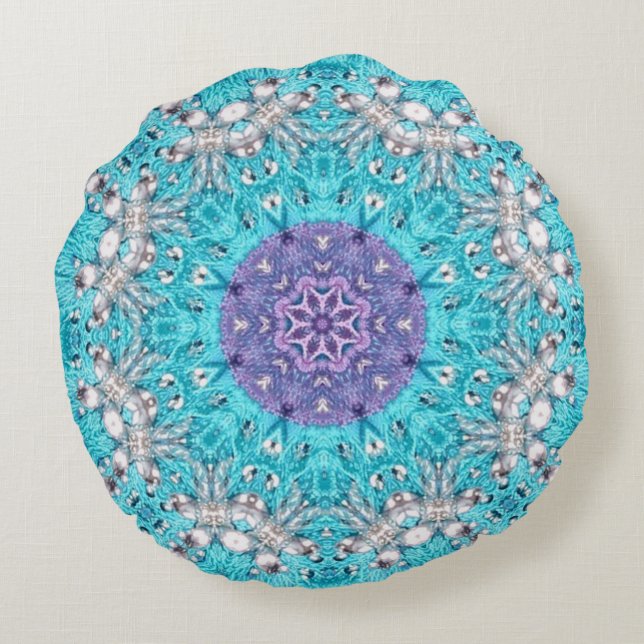Gypsy Ethnic Embroidery  turquoise blue bohemian Round Pillow (Back)