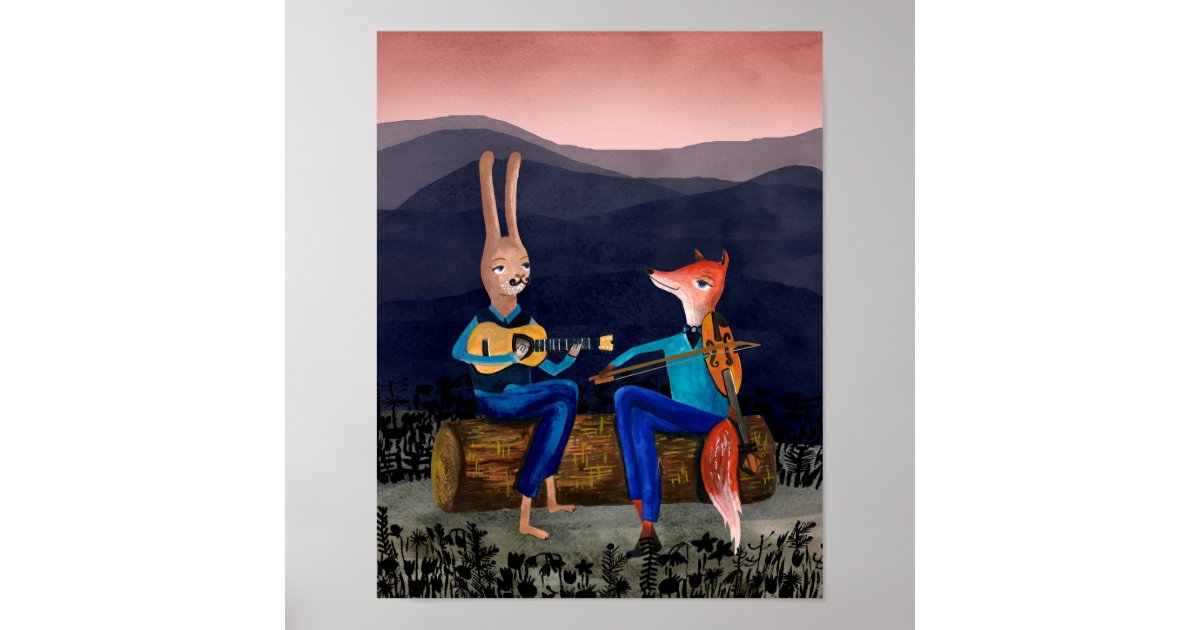 Gypsy Jazz - Rabbit and Fox Playing Music Poster | Zazzle