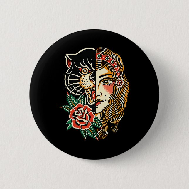 Gypsy Panther American Traditional Tattoo Ink Old  Button (Front)