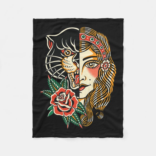 Gypsy Panther American Traditional Tattoo Ink Old  Fleece Blanket (Front)