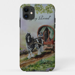 "Gypsy Road" Vanner stallion horse caravan heather iPhone 11 Case