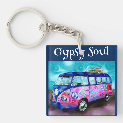 Gypsy Soul Whimsical Hippie Bus Van Peace Flower Keychain