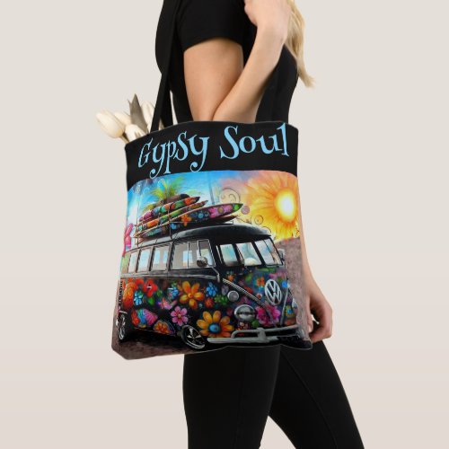 Gypsy Soul Whimsical Hippie Bus Van Peace Flower Tote Bag