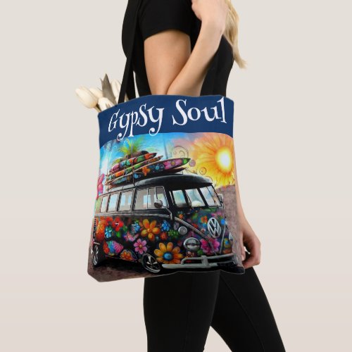 Gypsy Soul Whimsical Hippie Bus Van Peace Flower Tote Bag