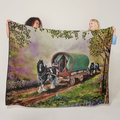 Gypsy Vanner horsehorses Caravan wagoncartooned Fleece Blanket