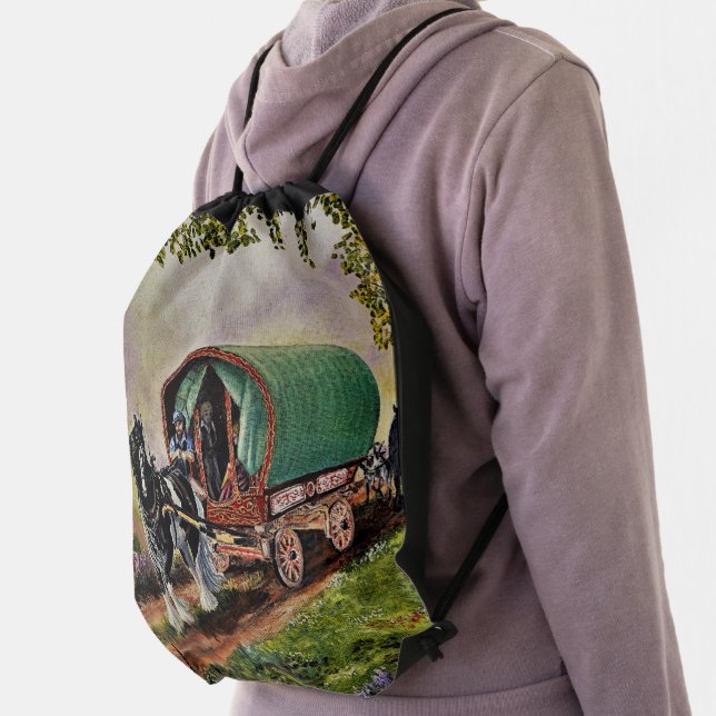 Gypsy Vanner horse Irish Caravan wagon  Drawstring Bag (Insitu)