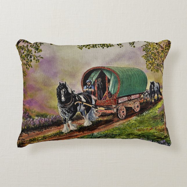 Gypsy Vanner Horse Irish Caravan Wagon Tapestry Accent Pillow (Front)