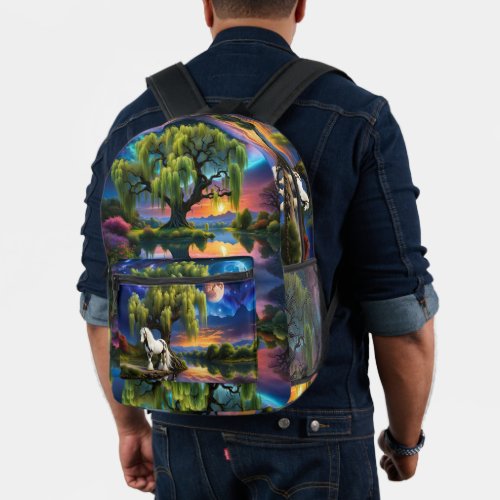Gypsy Vanner Horse Willow Tree and Colorful Skies Printed Backpack