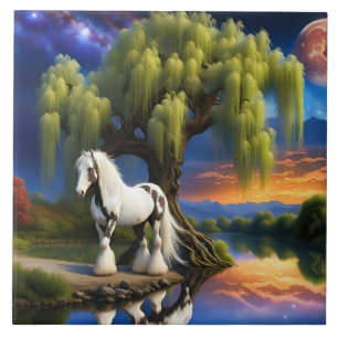Gypsy Vanner Horse -Willow tree N Full Moon Ceramic Tile