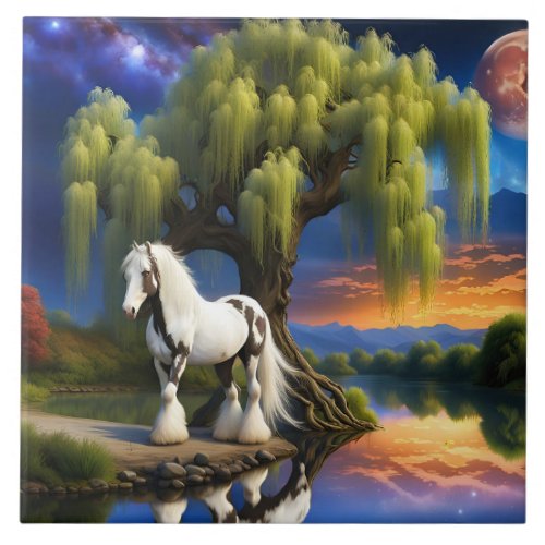 Gypsy Vanner Horse _Willow tree N Full Moon  Ceramic Tile