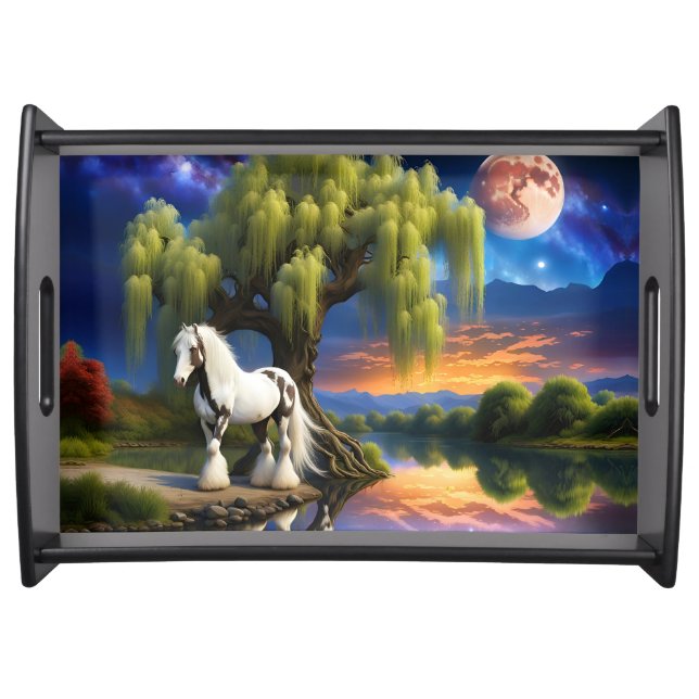 Gypsy Vanner Horse -Willow tree N Full Moon  Serving Tray (Front)