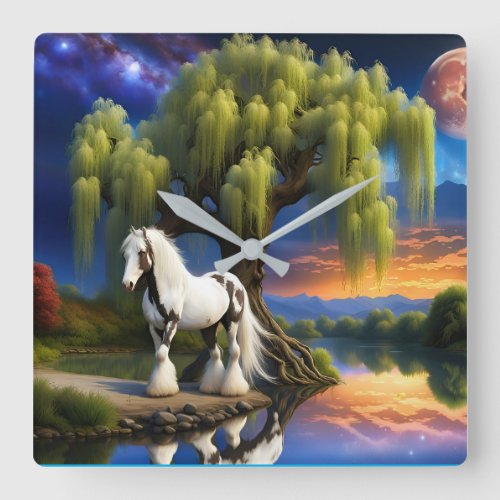 Gypsy Vanner Horse _Willow tree N Full Moon  Square Wall Clock
