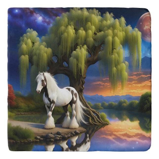 Gypsy Vanner Horse -Willow tree N Full Moon  Trivet (Front)