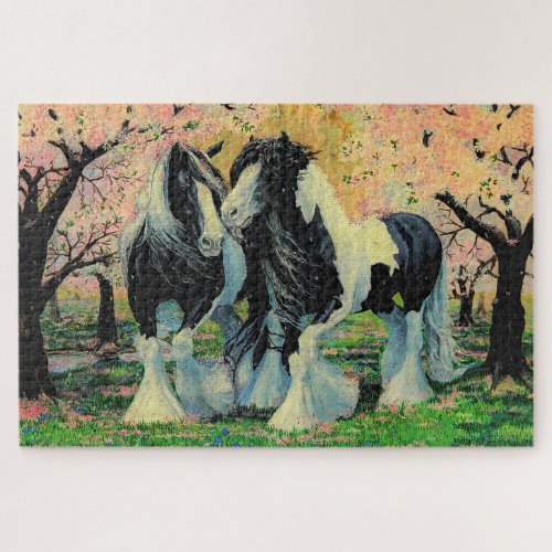 Gypsy Vanner horses in Cherry blossom orchard Jigsaw Puzzle