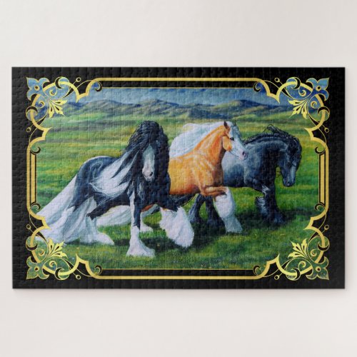 Gypsy Vanner horses running in prairie field Jigsa Jigsaw Puzzle
