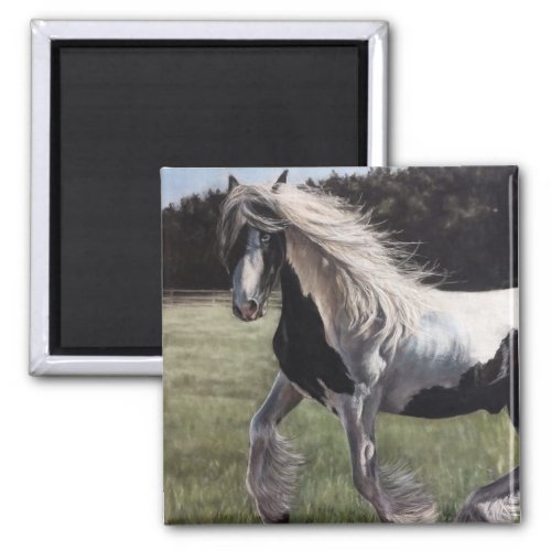 Gypsy vanner pinto horse running in field magnet