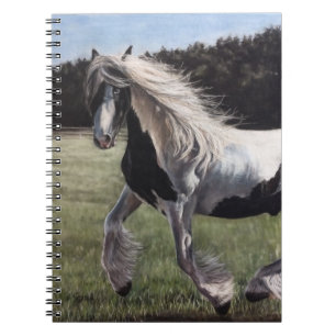 Gypsy vanner pinto horse running in field notebook