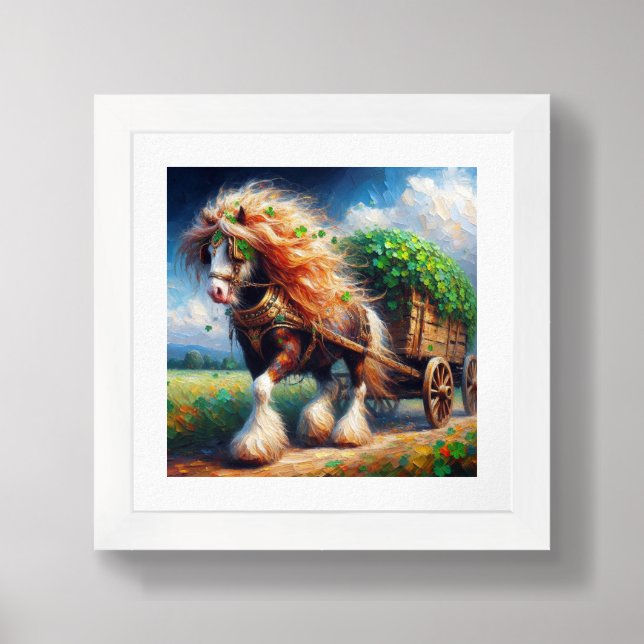 Gypsy Vanner Pulling a Cartload of Shamrocks Framed Art (Framed Front)