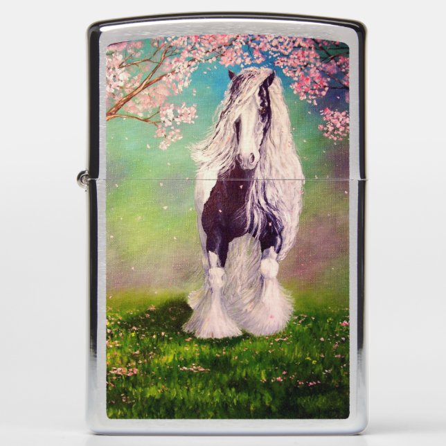 Gypsy Vanner stallion horse, Pinto black and white Zippo Lighter (Front)