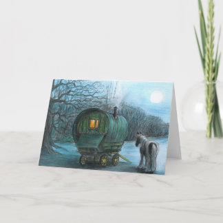 Gypsy wagon and horse by moonlight card