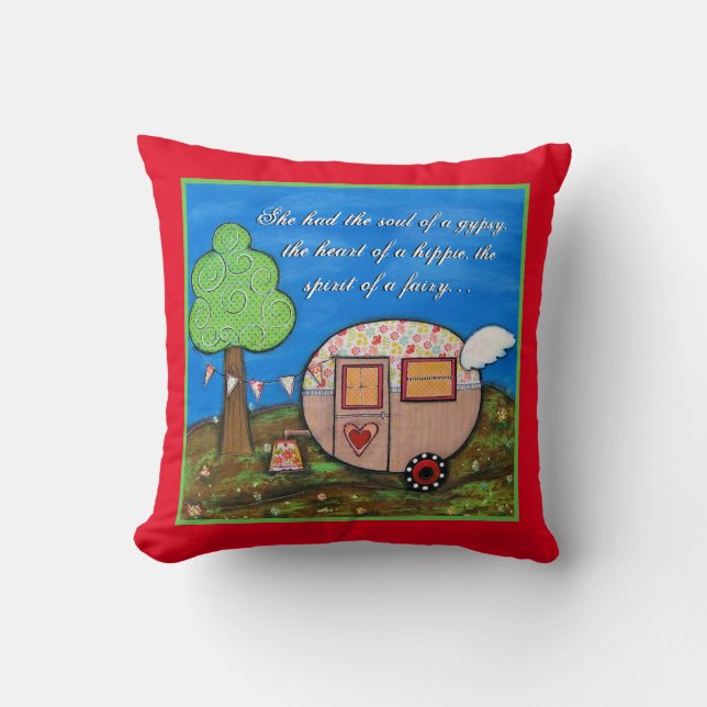 Gypsy Wagon, Camper Art, Soul of  Gypsy Throw Pillow (Front)