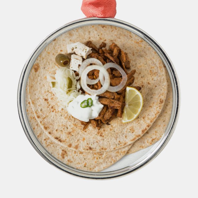 Gyros pita with tzatziki coleslaw olives and feta metal ornament (Front)