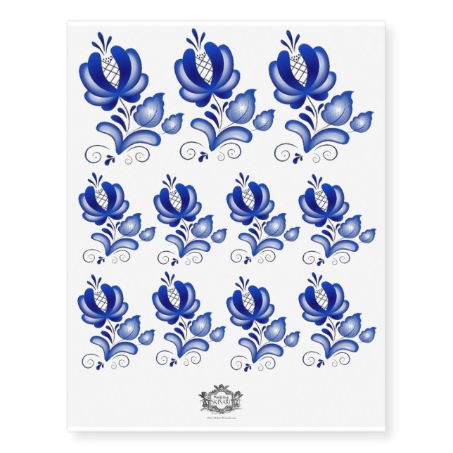 Gzhel Russian flower, Folk Art, Body Art Temporary Tattoos (Front)