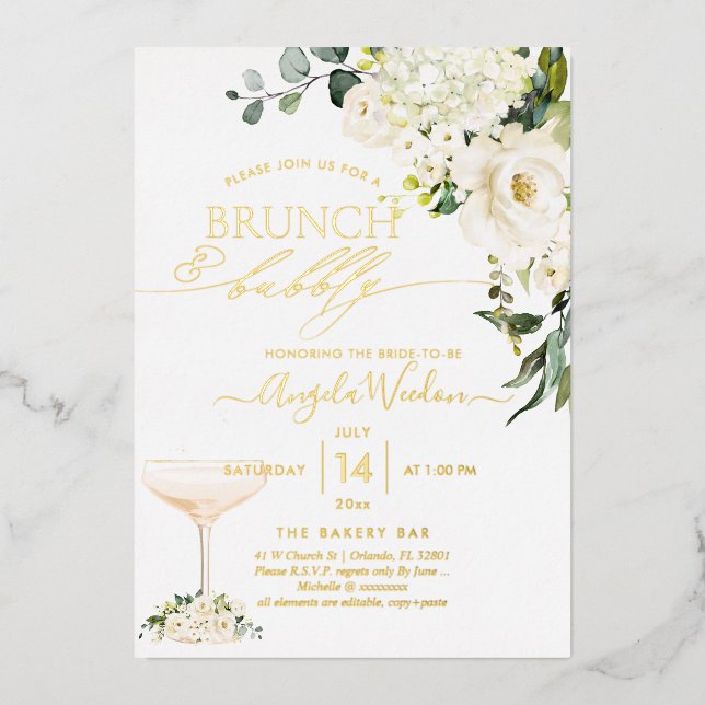 H2 Alabaster Roses Brunch Bubbly Real  Foil Invitation (Front)