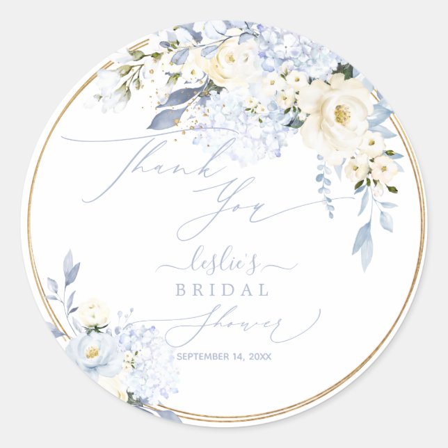 H2 Blue Hydrangea Cream Roses Bridal Shower Classic Round Sticker (Front)
