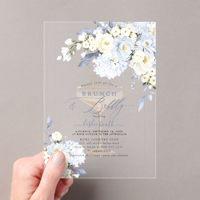 H2 Blue Hydrangea Cream Roses Brunch Bubbly  Acrylic Invitations (Insitu (Handheld))