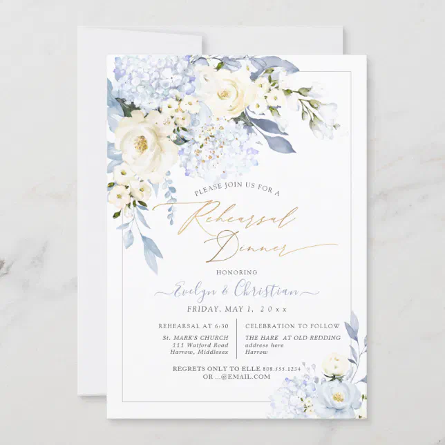 H2 Blue Hydrangea Cream Roses Rehearsal Dinner Invitation | Zazzle