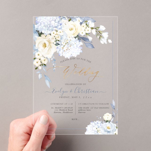 H2 Blue Hydrangea Cream Roses Wedding Acrylic Invitations (Insitu (Handheld))
