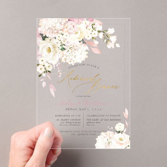 H2 Blush Hydrangea Cream Roses Rehearsal Dinner Acrylic Invitations (Insitu (Handheld))