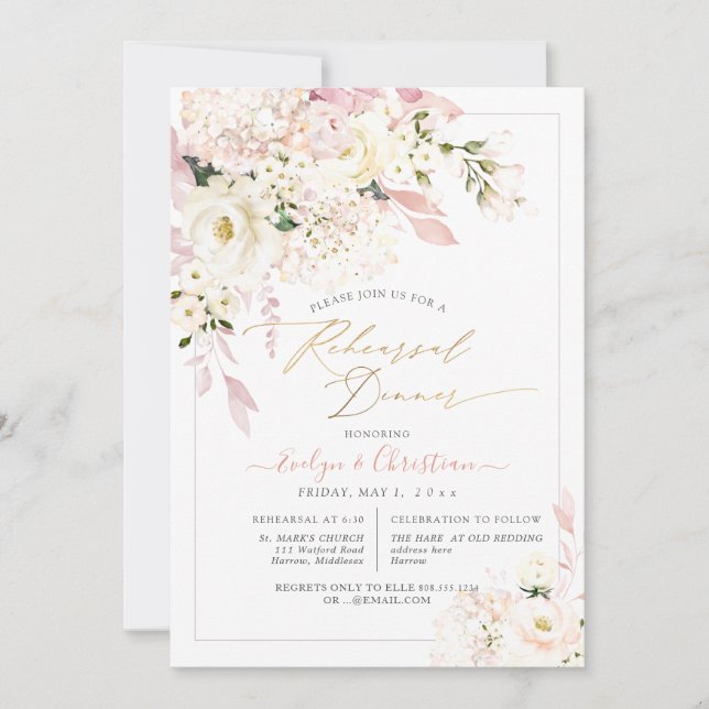 H2 Blush Hydrangea Cream Roses Rehearsal Dinner Invitation (Front)