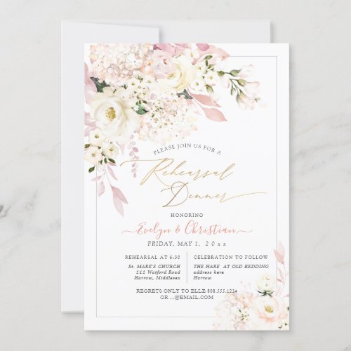 H2 Blush Hydrangea Cream Roses Rehearsal Dinner Invitation