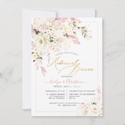 H2 Blush Hydrangea Cream Roses Rehearsal Dinner Invitation
