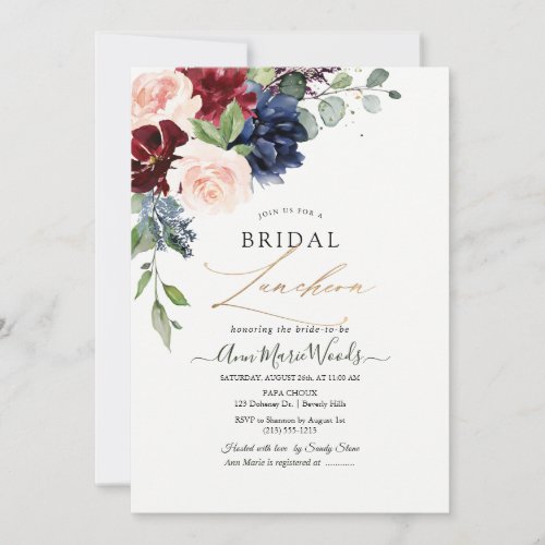 H2 Blush Navy Burgundy Flowers Bridal Lunch Invitation