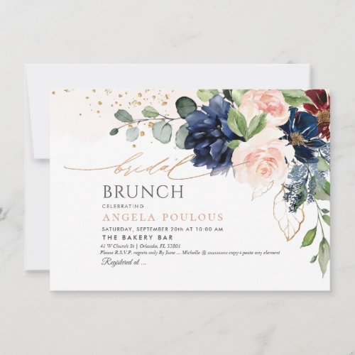 H2 Flowers Blush Navy Burgundy Bridal Brunch Invitation