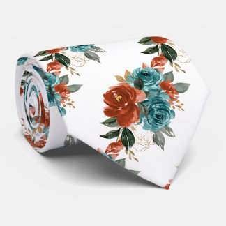 H2 Flowers Teal Green Rust Orange Roses Neck Tie
