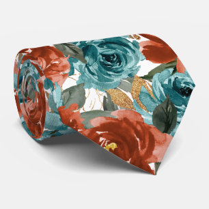 H2 Flowers Teal Green Rust Orange Roses Neck Tie