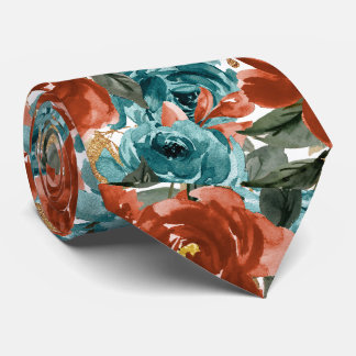 H2 Flowers Teal Green Rust Orange Roses Neck Tie